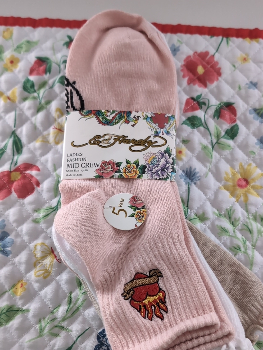 Ed Hardy Pink Ladies Mid Crew Socks - Heart & Flame Design